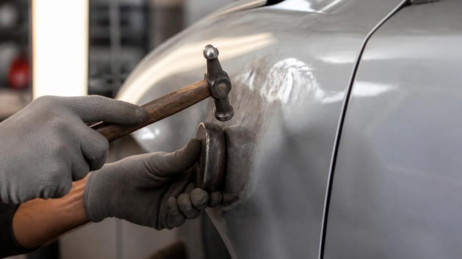 Panel beater repairing a dent on a car panel