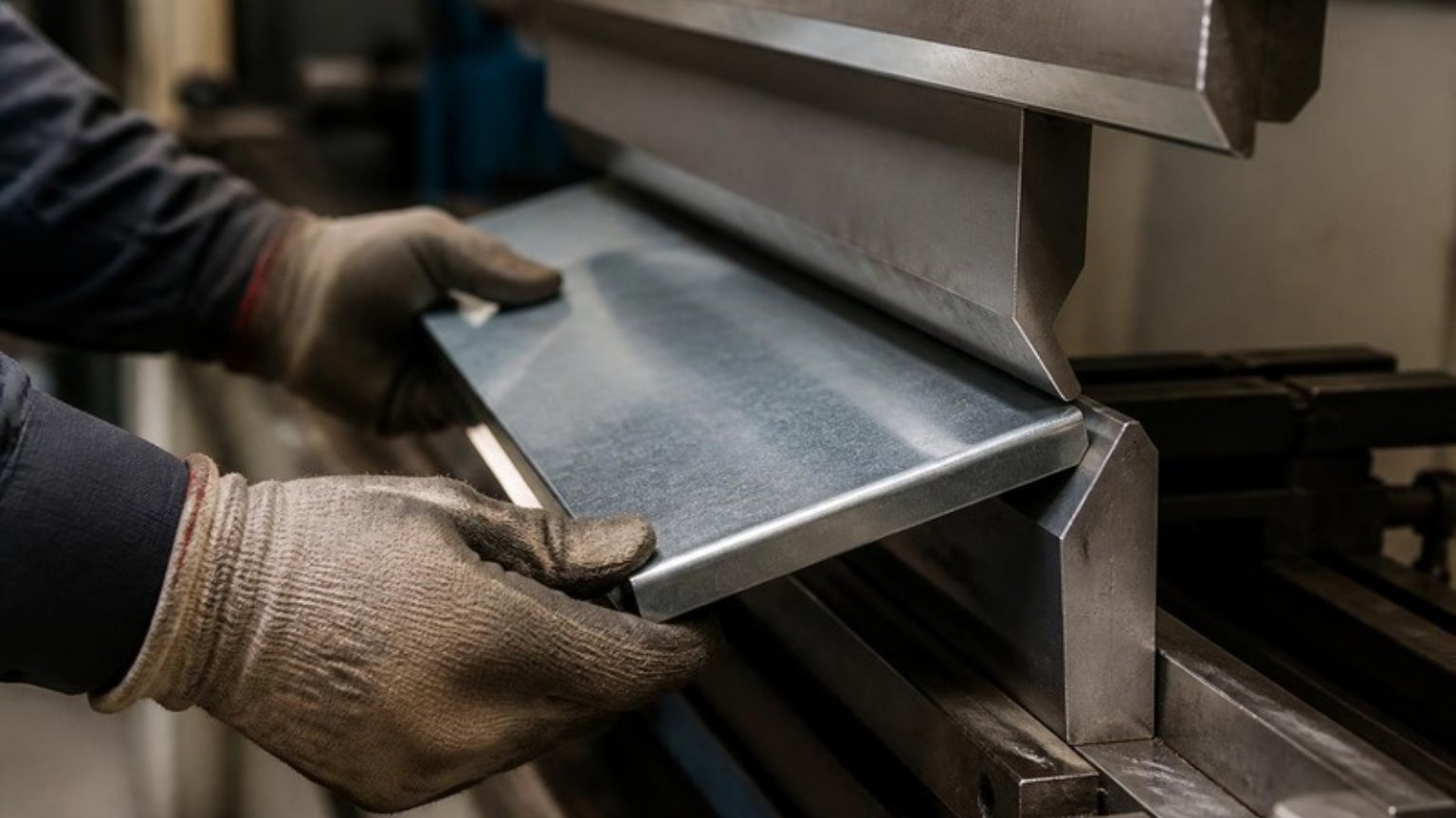 Sheetmetal worker bending a steel sheet